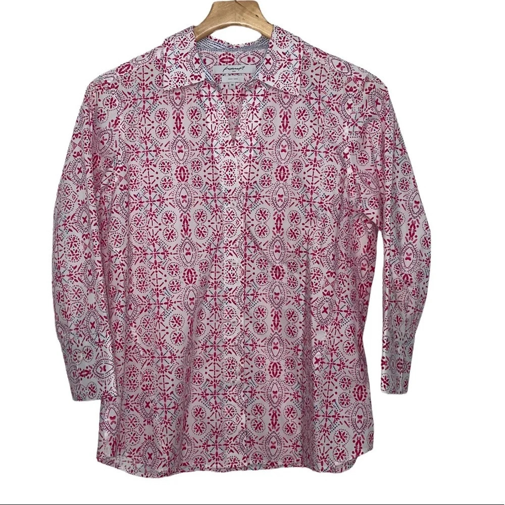 Foxcroft NYC Women's Non-Iron Stretch Pink Blue Shirt Size Medium